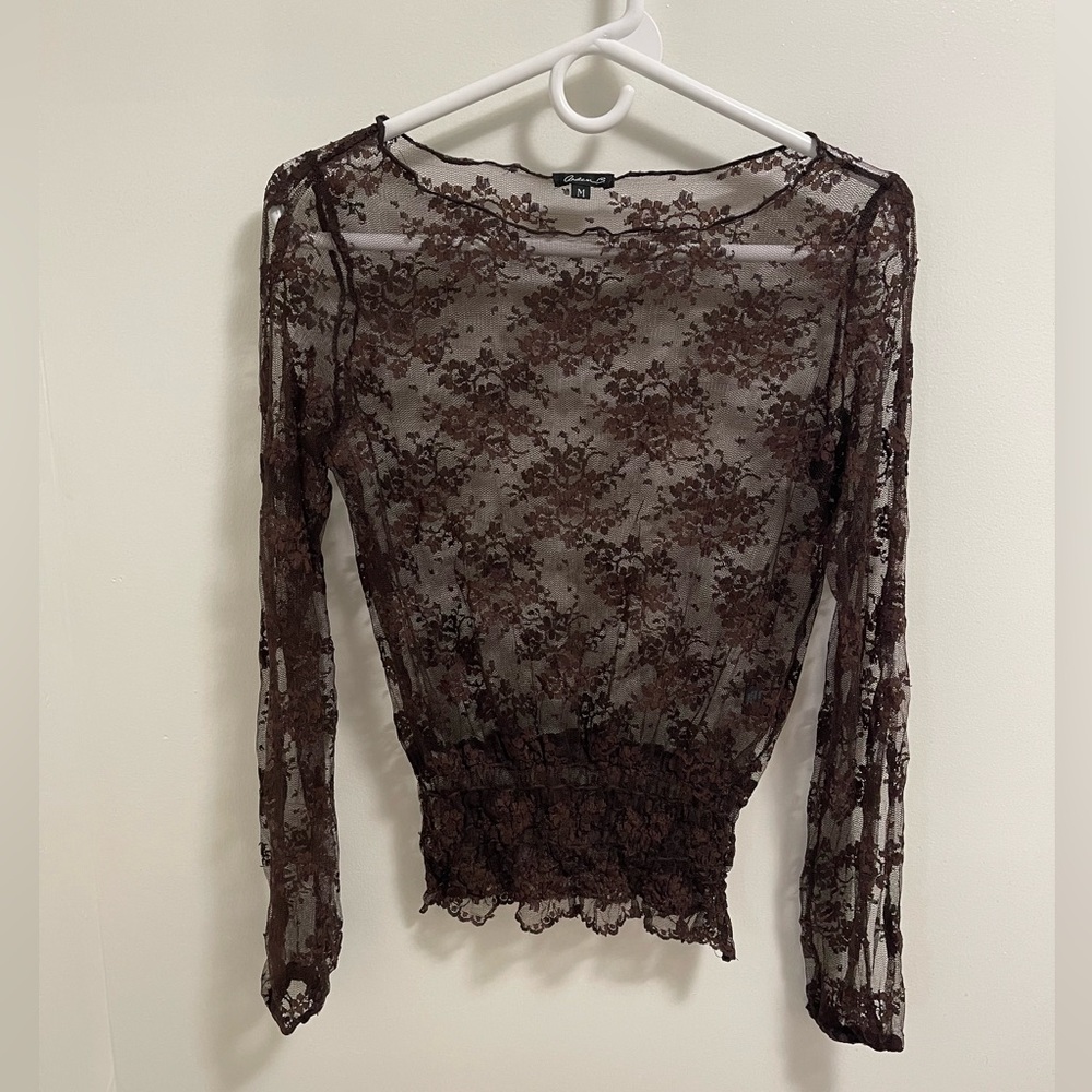 Y2K Gorgeous Arden B Chocolate Brown Long Sleeve Slit Sleeve Lace Blouse M